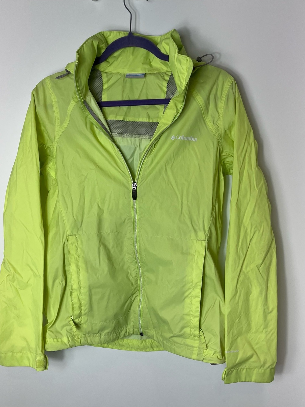 Columbia‎ Neon Yellow Hooded Women's Lightweight Windbreaker Jacket Small